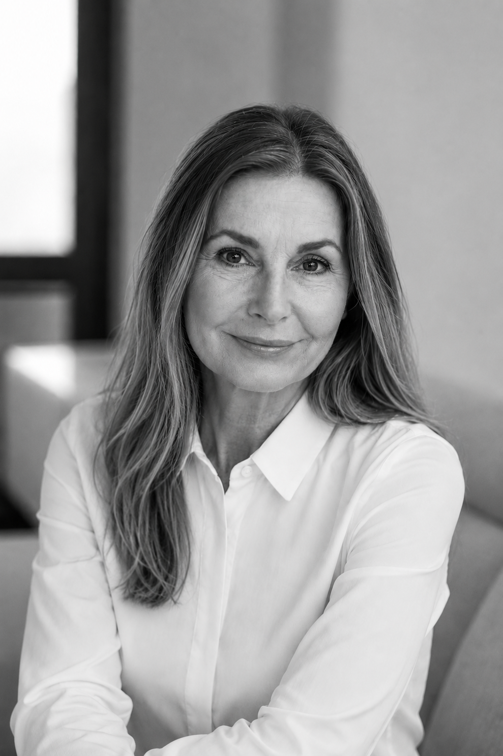Black and white portrait of a woman wearing a white shirt.
